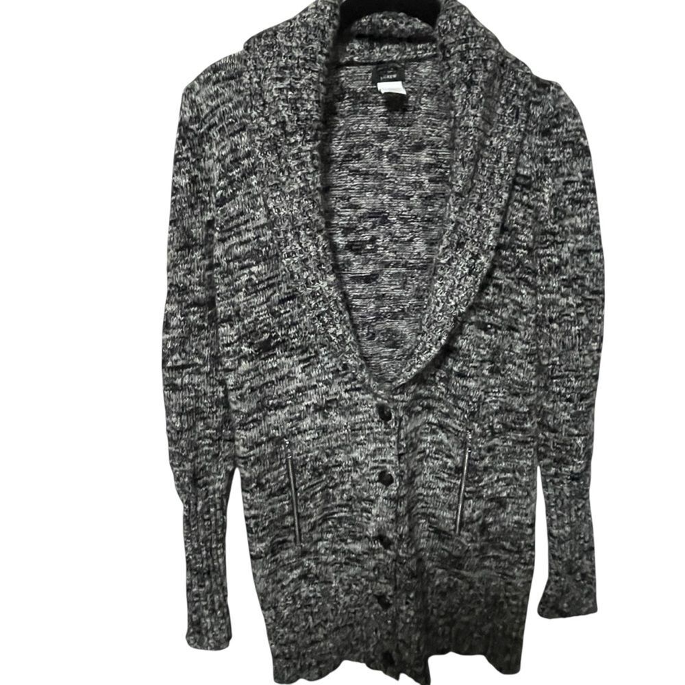 J Crew Cardigan Sweater Grandpa Black White Marle Merino Wool Grandma Cottage XS